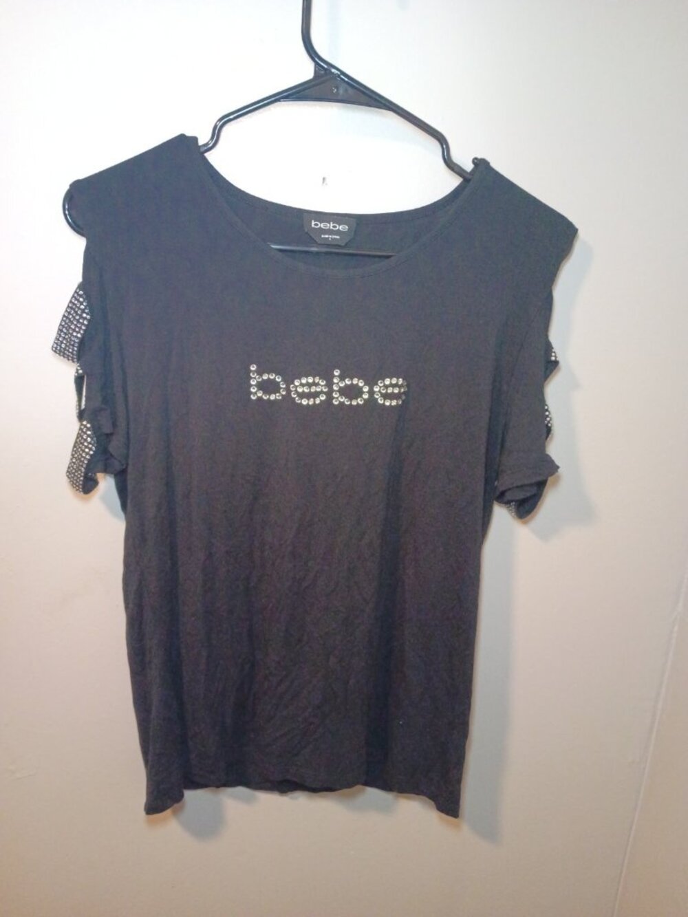 Bebe Y2K Women's Cut Out Rhinestone Logo Jersey Tee Black Size Large
